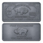Ten Troy oz .999 Fine Titanium Collectible Bar from CMC Mint, featuring intricate engravings and a sleek metallic finish.