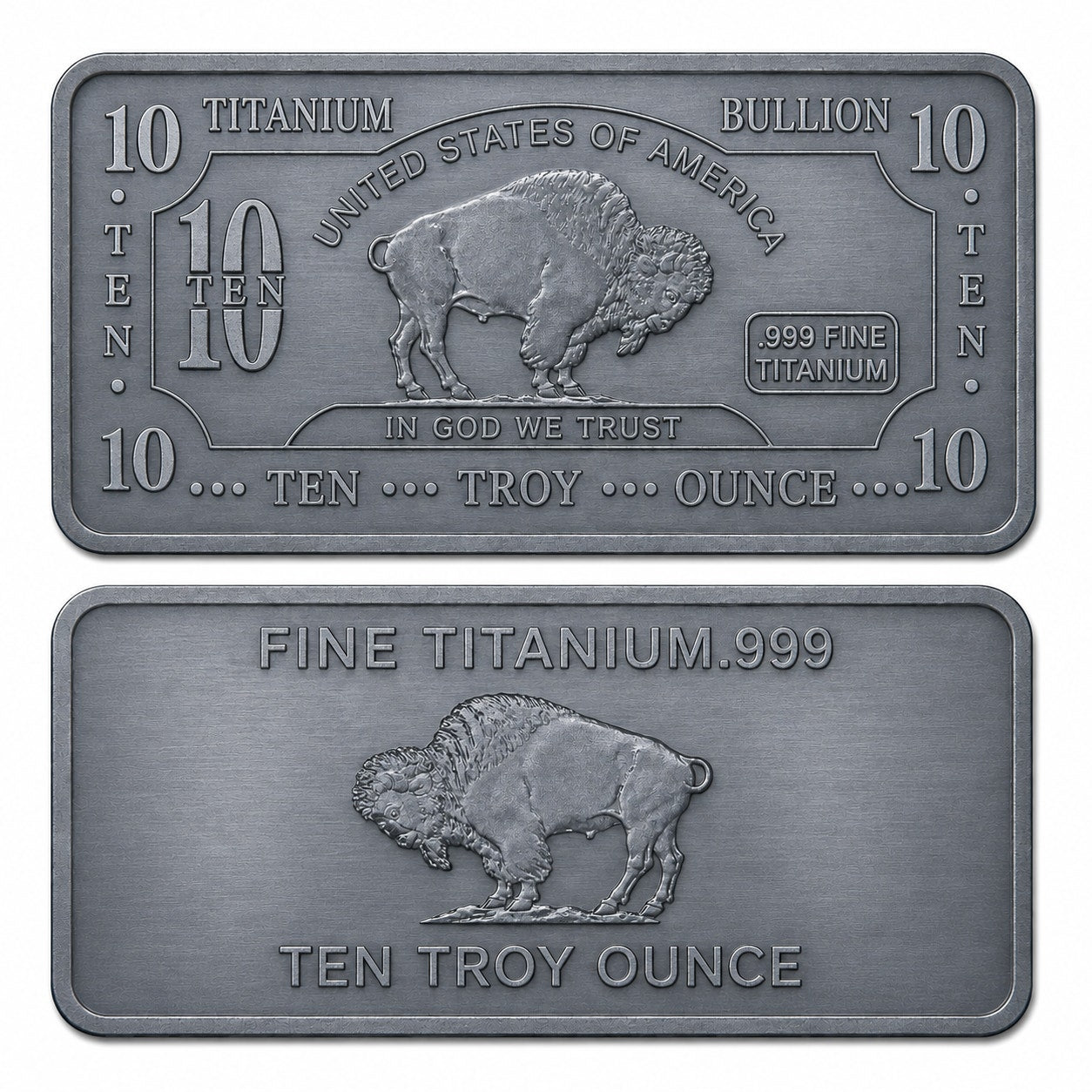 Ten Troy oz .999 Fine Titanium Collectible Bar from CMC Mint, featuring intricate engravings and a sleek metallic finish.