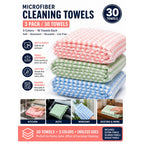 Three packs of Choicy microfiber cleaning cloths, totaling 30 soft, absorbent towels laid out for cleaning or dusting.
