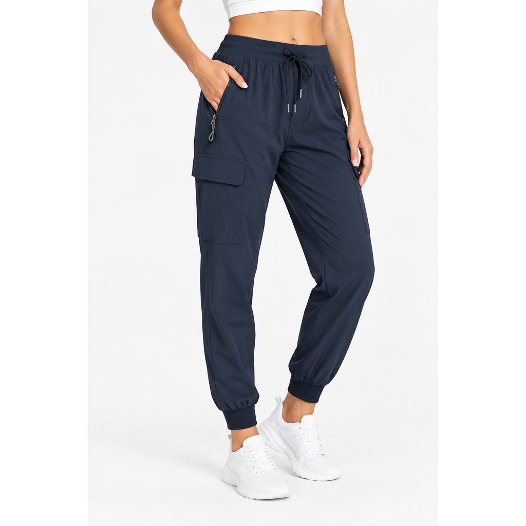 Rosvigor women's navy cargo hiking pants showing lightweight jogger design with multiple pockets, size M, casual outdoor style