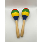 Pair of colorful wooden Latin maracas by Republic Mercantile, featuring vibrant painted designs, perfect for Latin music and rhythm.