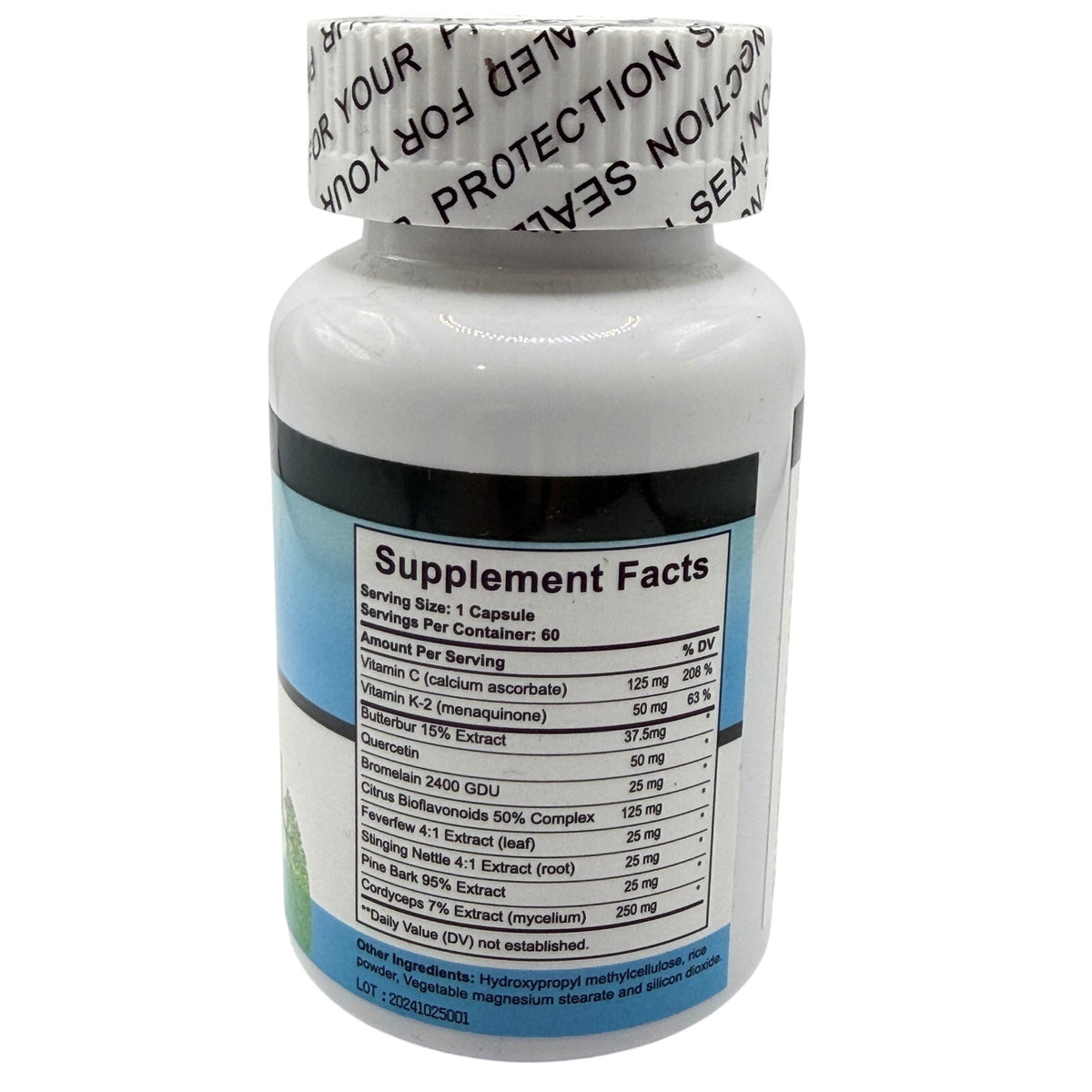 Fluxivian Lung Support Power Herb Formula 60 capsules bottle with label showing herbal ingredients for respiratory health.
