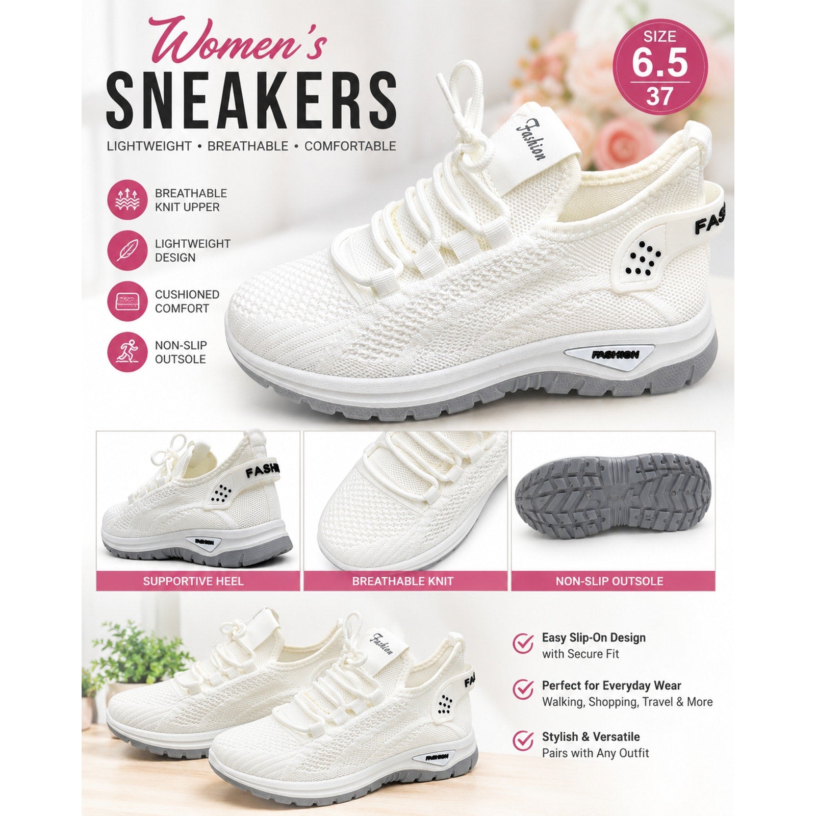 Women's white athletic sneakers by Republic Mercantile, size 6.5, Euro 37, featuring breathable mesh and white laces.