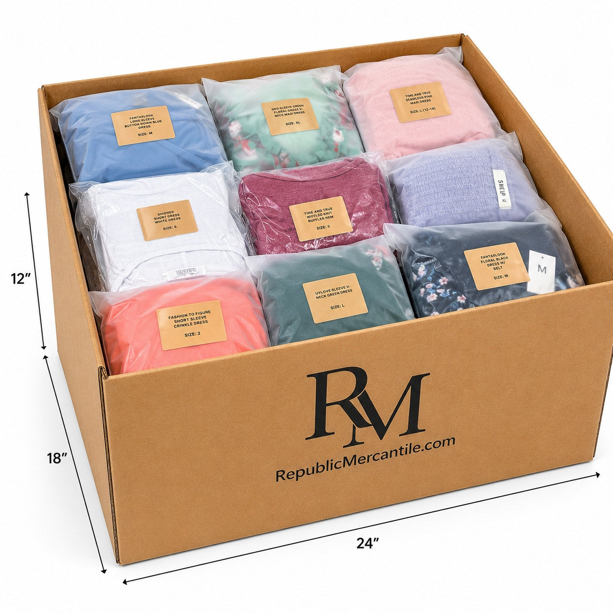 Wholesale box lot of 50 new women's dresses by Republic Mercantile, including various styles and colors, weighs 36lbs.