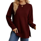 Moshu Women's XL crewneck sweatshirt with side splits and long sleeves, casual and comfortable for everyday wear.