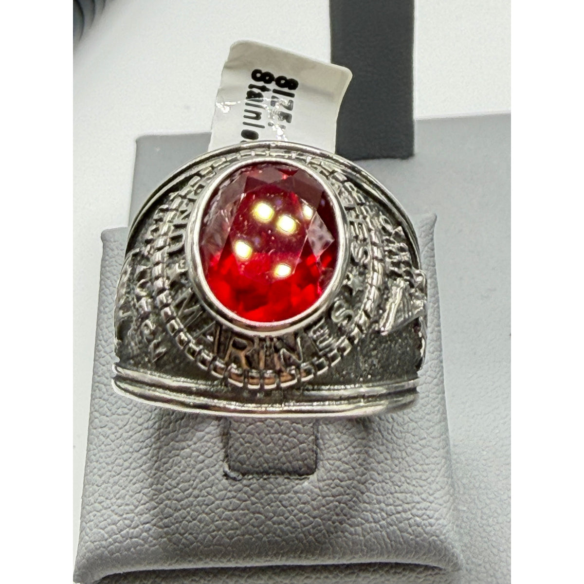 Men's US Marine Corps signet ring in silver and red with size 11, featuring detailed Marine emblem, by Republic Mercantile.