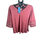 WellSize women's plus size burgundy top with 3/4 lace sleeves and V-neck, size XL, showcasing a stylish, comfortable fit.