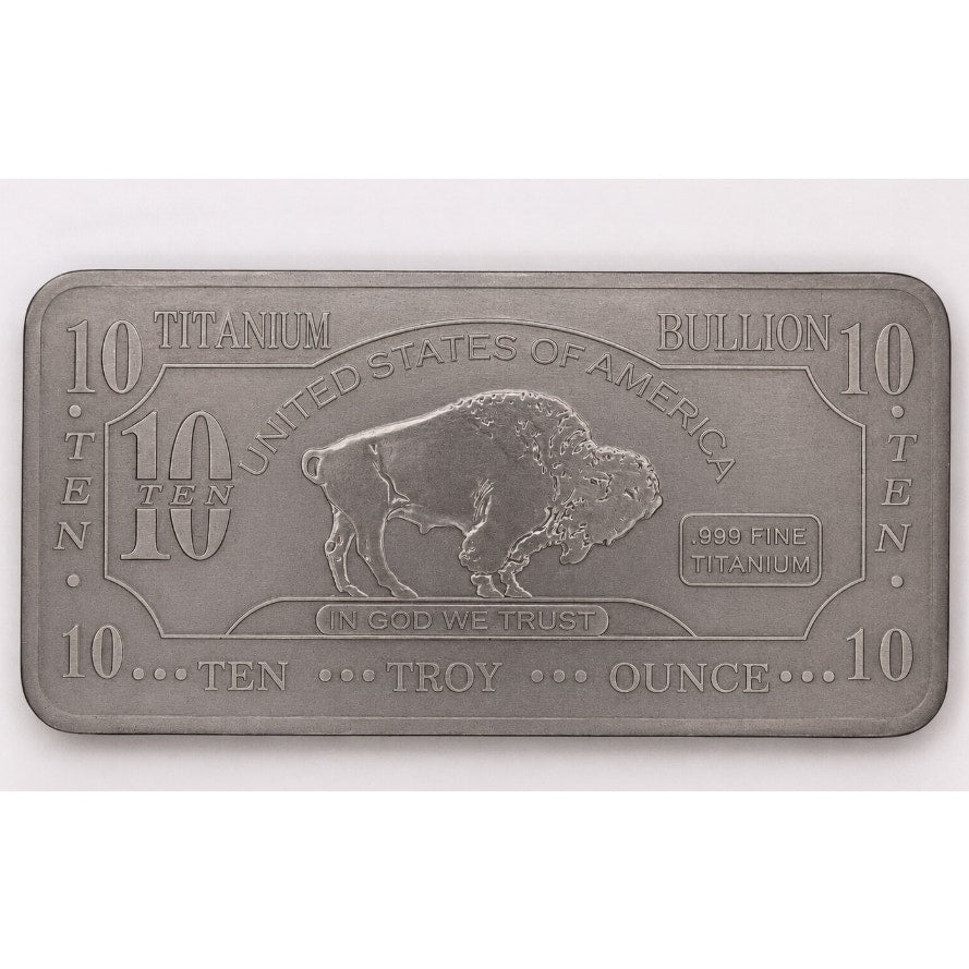 Ten Troy oz .999 fine titanium collectible bar by CMC Mint with detailed engravings and minting marks.