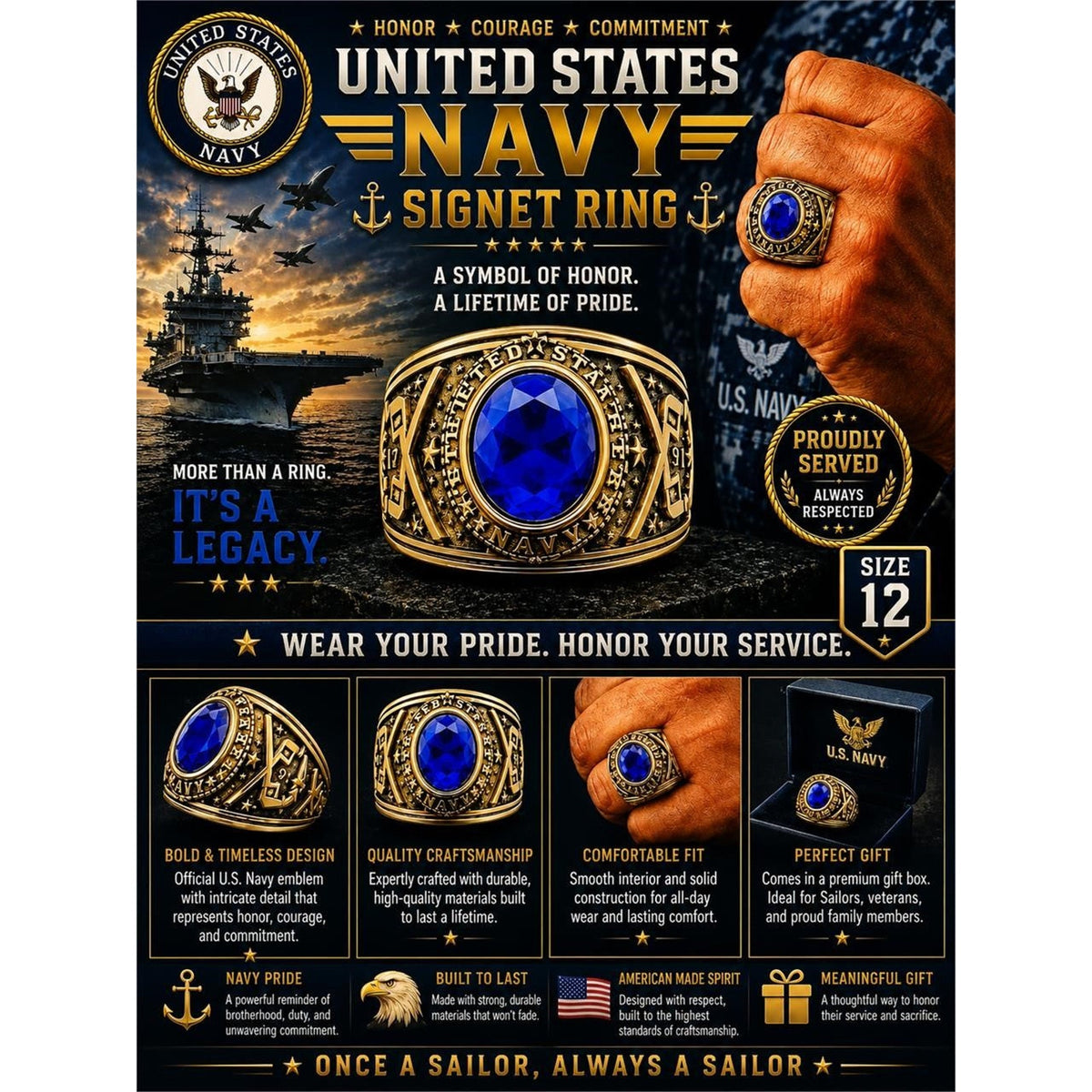 Men's US Navy signet ring in gold and blue, size 12, featuring detailed Navy emblem, by Republic Mercantile.