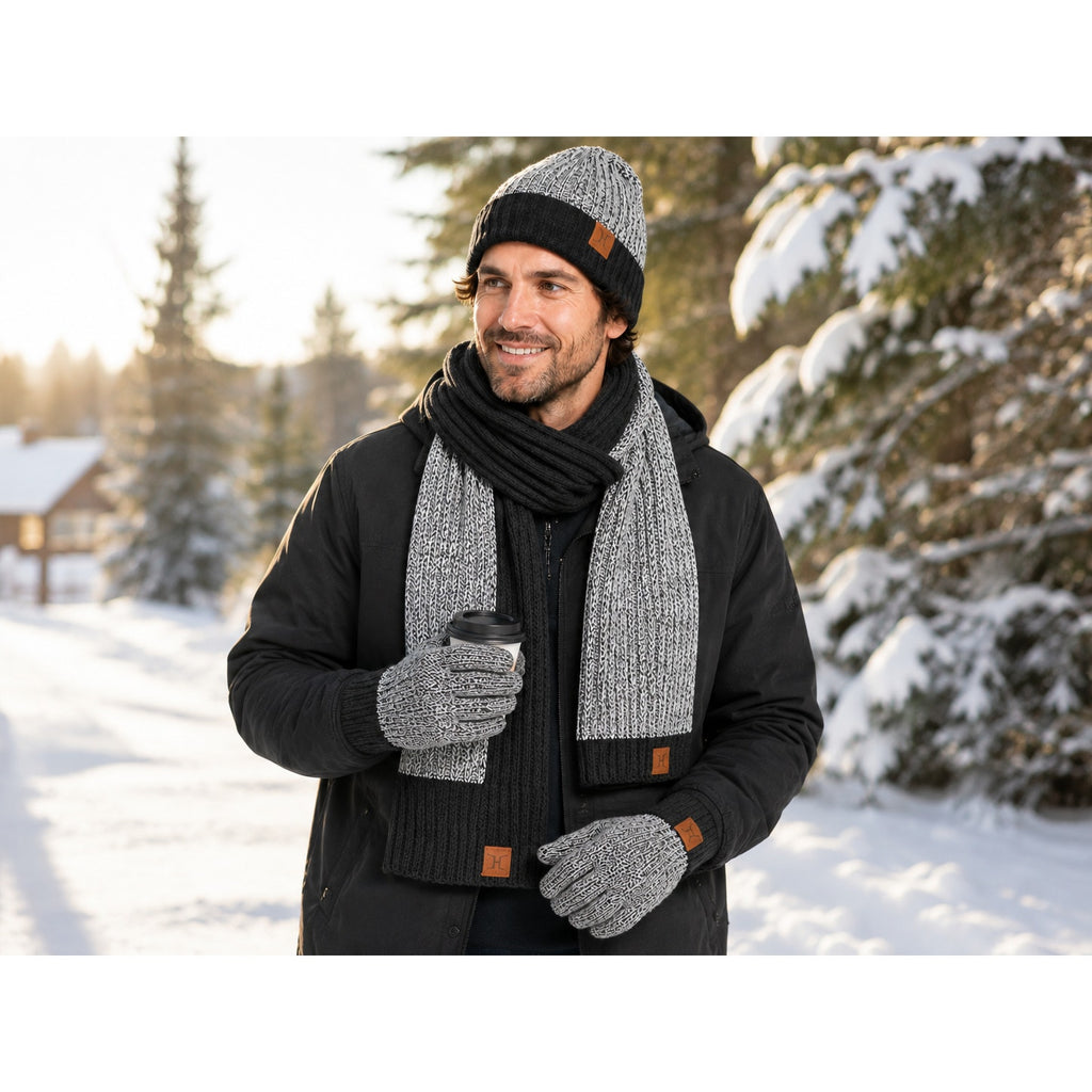 4-pc Men's Winterwear Set Beanie, Gloves & Scarf in Gray/Black