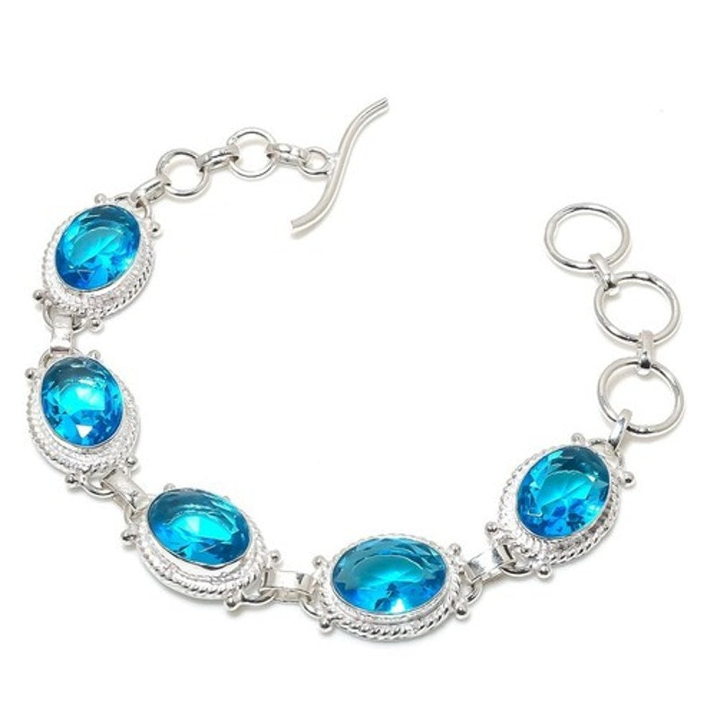 Swiss Blue Oval Topaz Gemstone 925 Sterling Silver Plated Jewelry Bracelet