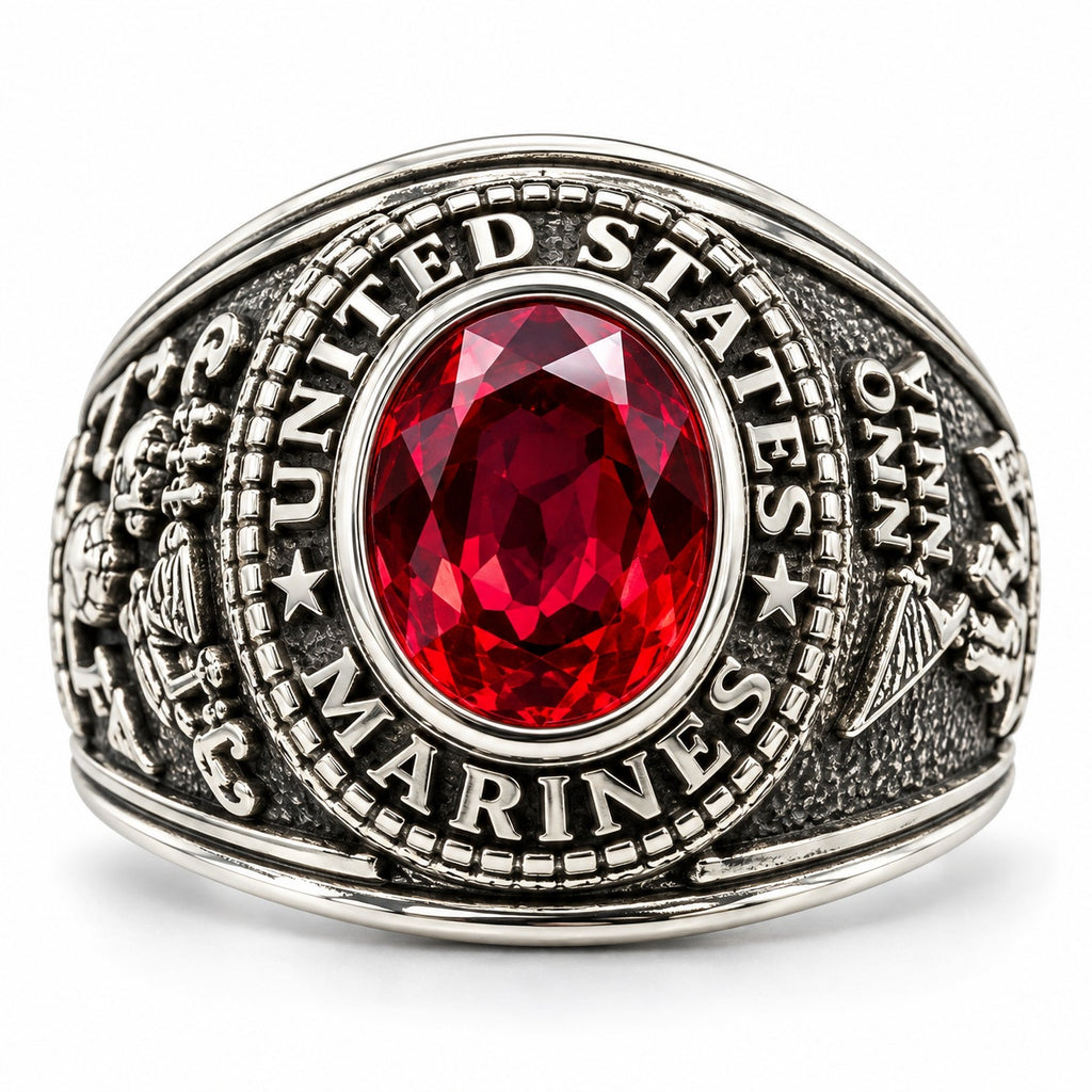 Men's US Marine Corps Signet Ring in silver with red accents, size 9, from Republic Mercantile featuring detailed Marine emblem.
