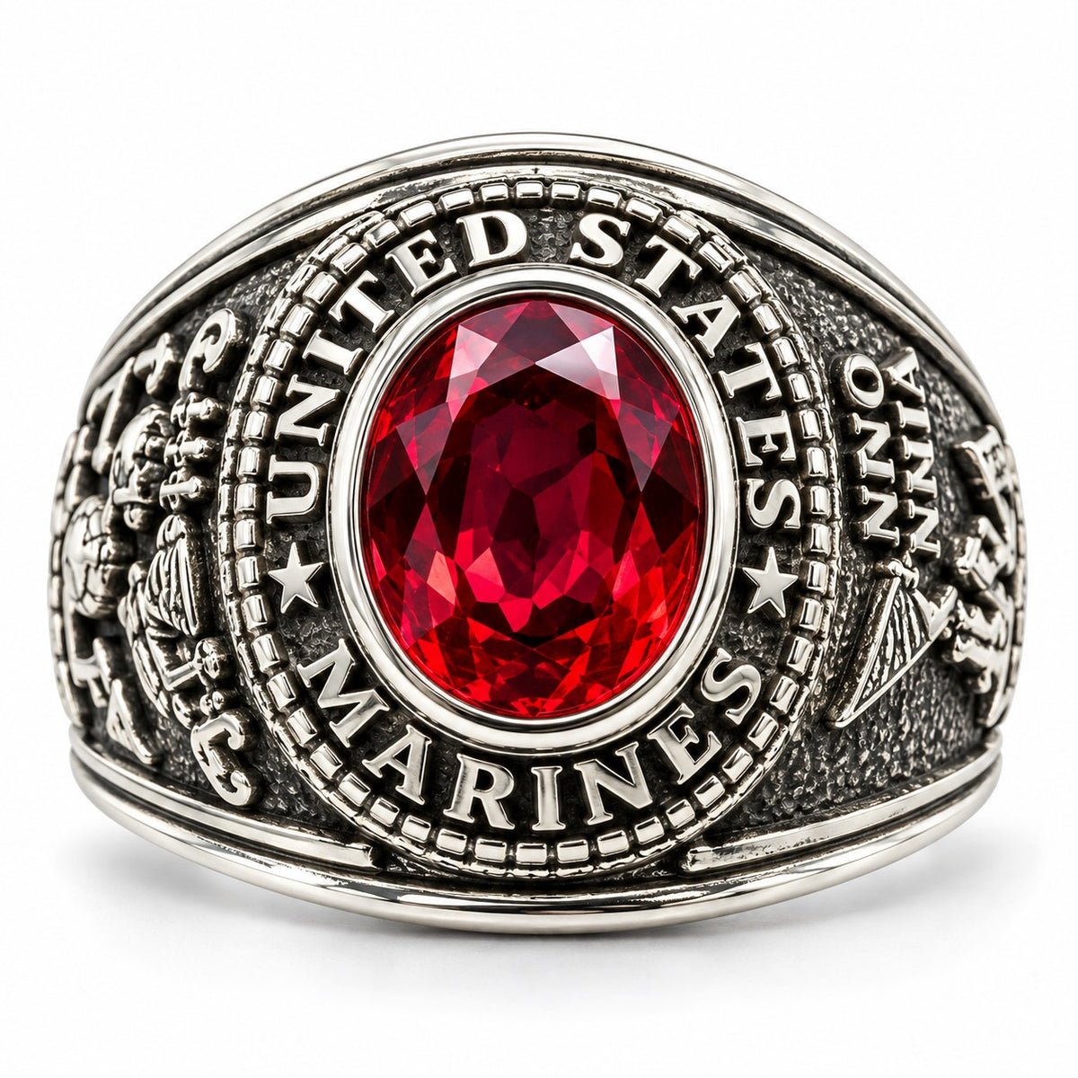 Men's US Marine Corps Signet Ring in silver with red accents, size 9, from Republic Mercantile featuring detailed Marine emblem.