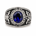 Men's US Air Force signet ring in silver and blue, size 12, featuring detailed military insignia and Republic Mercantile branding.
