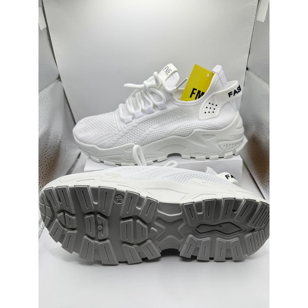 FME women's white sneakers with cushioned insoles, lace-up design, size 6 US, Euro 36, featuring a sleek sporty look.