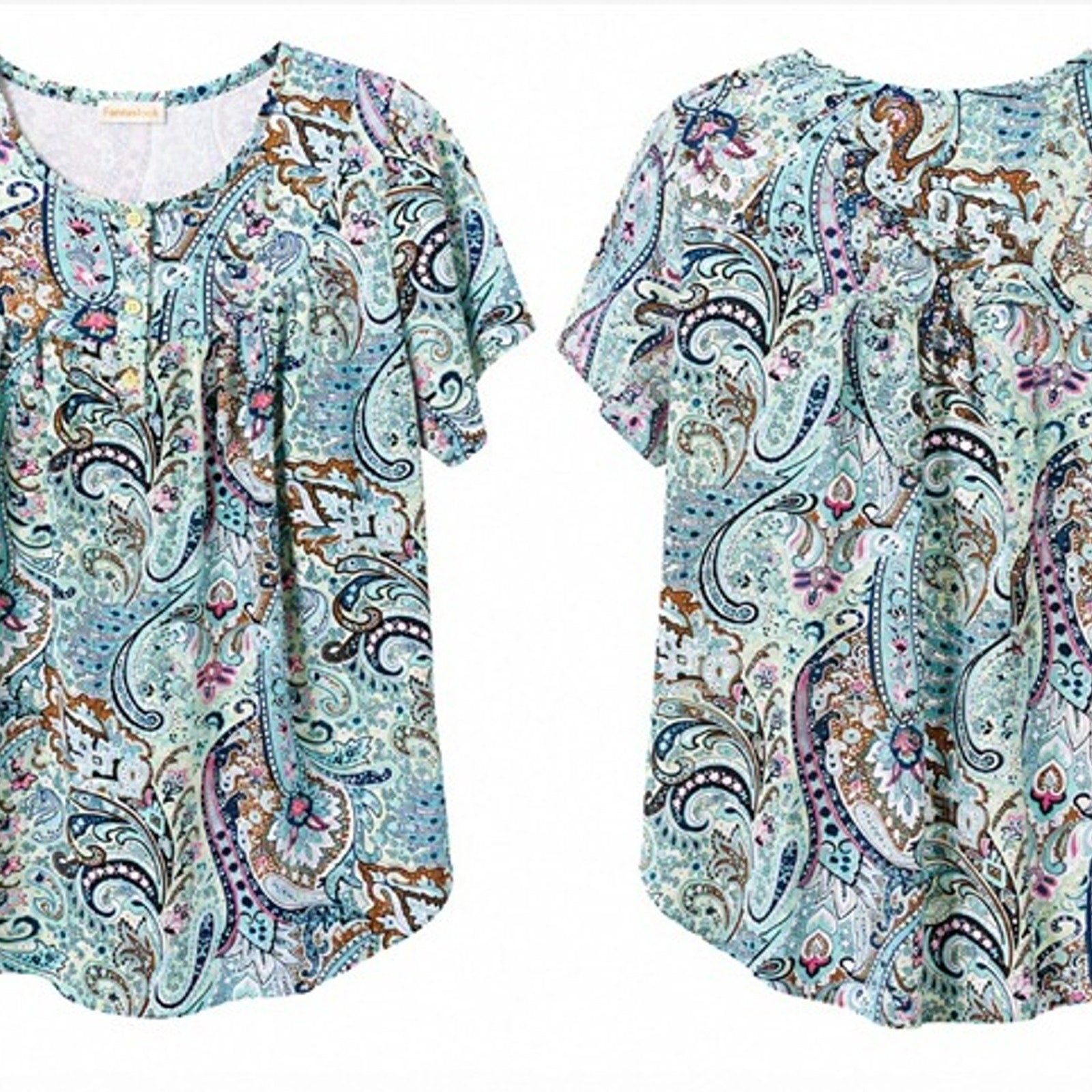NEW Fantaslook Paisley Print Blouse Mint Multi XL Short Sleeve FREE Shipping