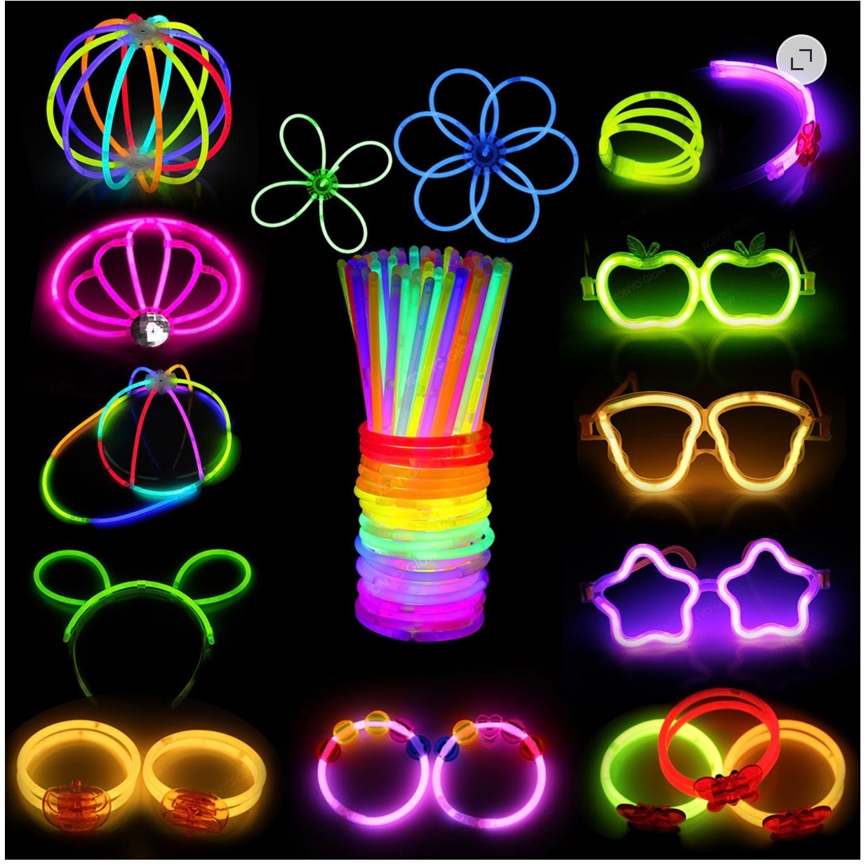 Set of 100 Sfaro neon glow sticks and connectors, 8-inch light sticks for parties, glowing in vibrant neon colors.