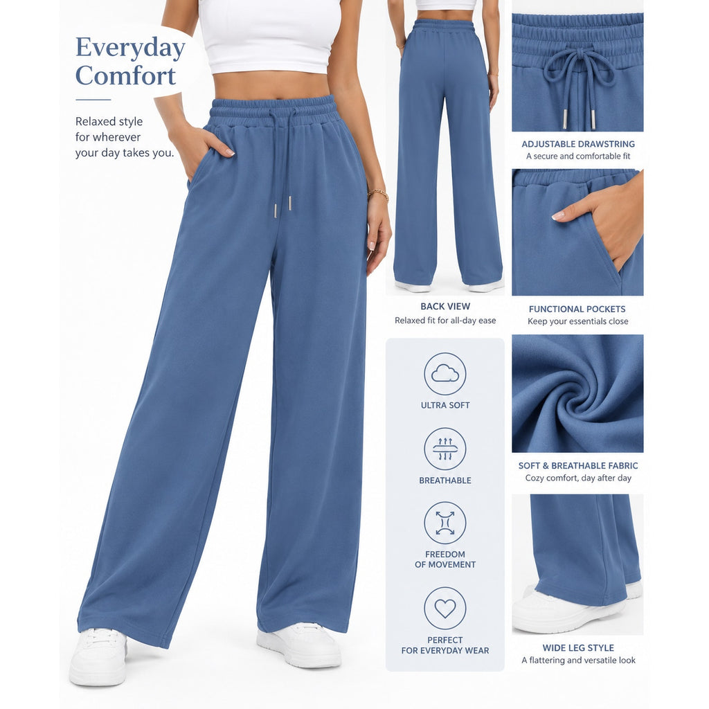 Fantaslook women's blue wide leg sweatpants with pockets, casual fit, size M, soft fabric and comfortable design.
