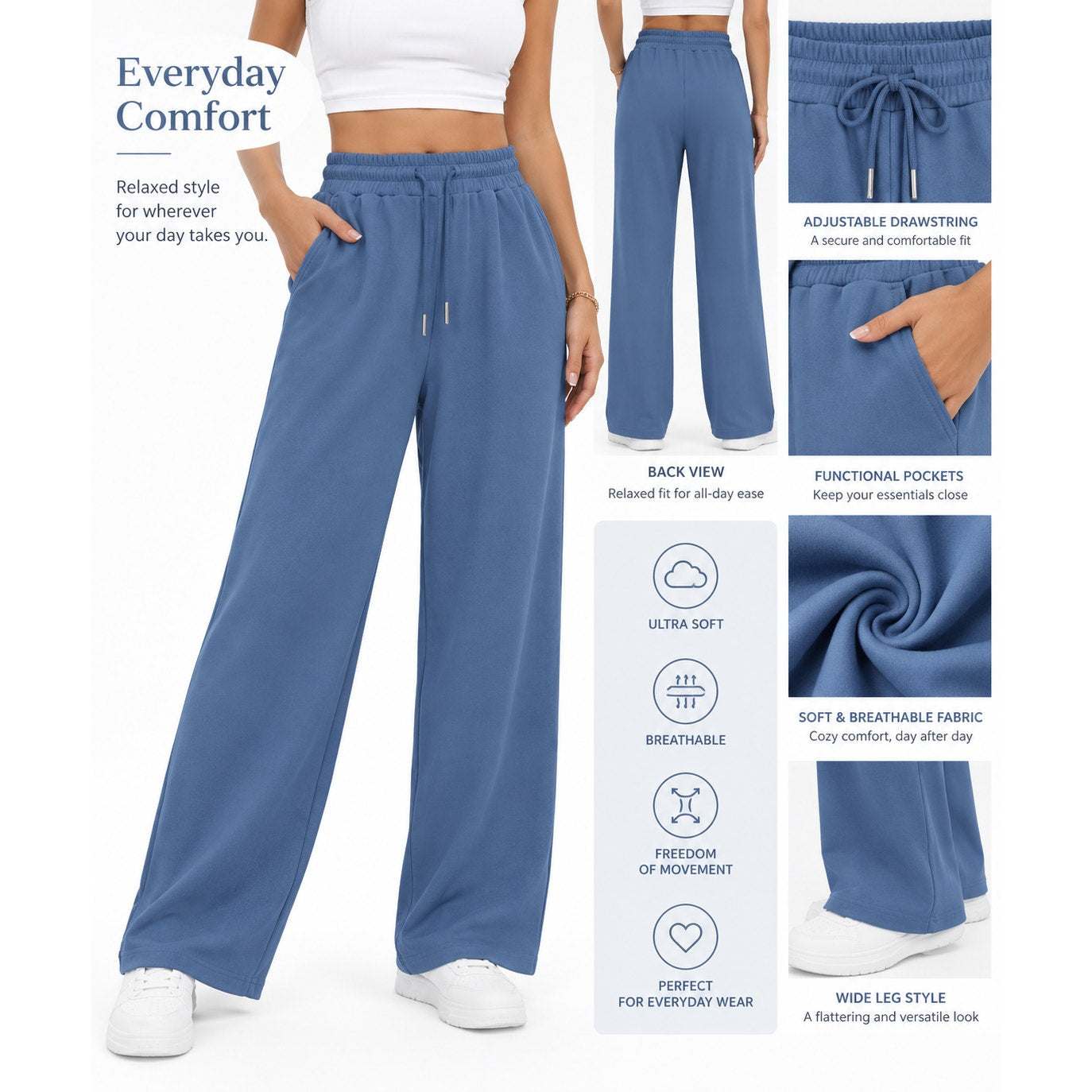 Fantaslook women's blue wide leg sweatpants with pockets, casual fit, size M, soft fabric and comfortable design.