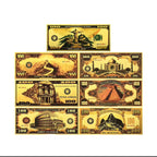 Set of 7 gold foiled novelty notes featuring the 7 Wonders of the World by Republic Mercantile, with intricate designs and vibrant colors.