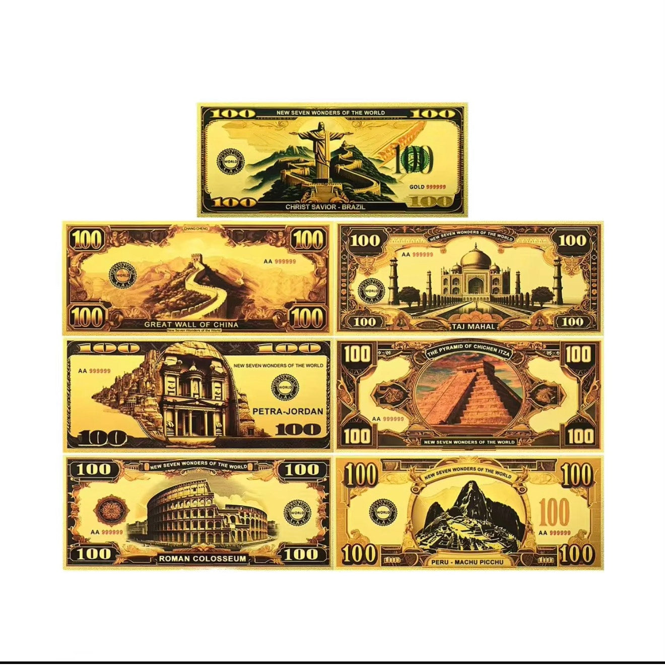 Set of 7 gold foiled novelty notes featuring the 7 Wonders of the World by Republic Mercantile, with intricate designs and vibrant colors.