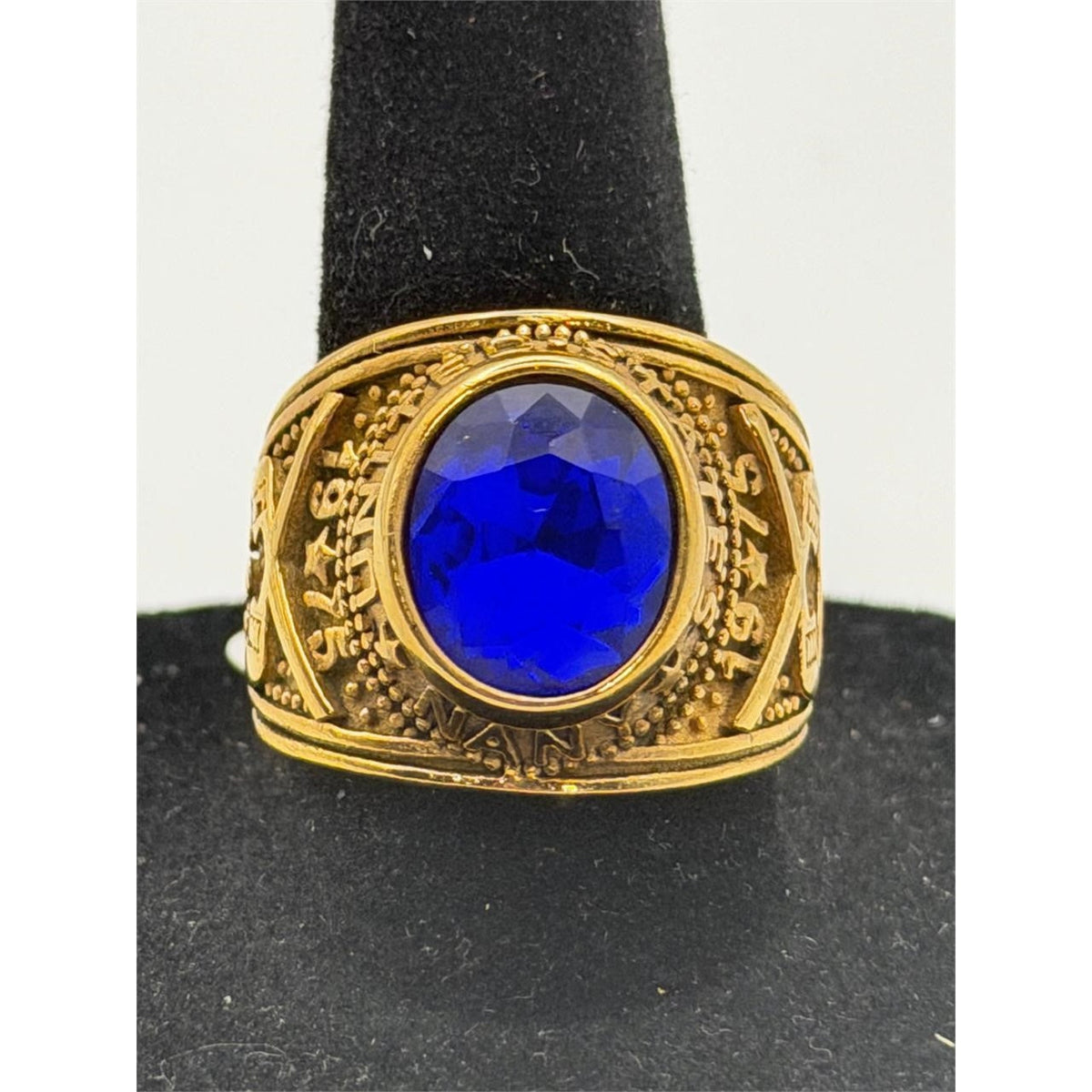 Men's US Navy Signet Ring in gold and blue with size 10, featuring detailed navy emblem and regal design by Republic Mercantile.