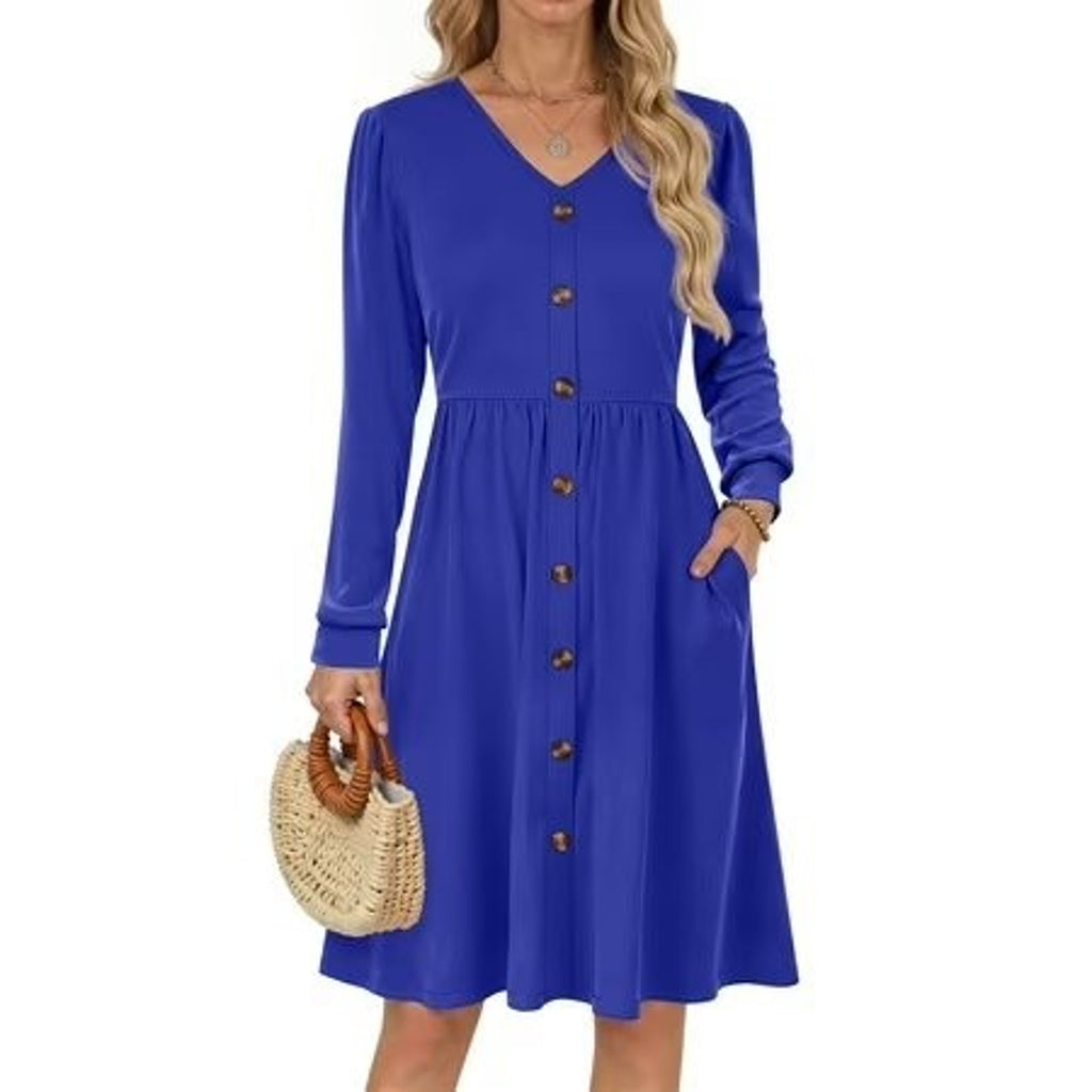 Fantaslook women's long sleeve blue V-neck casual dress with buttons, size M, shown hanging on a hanger.