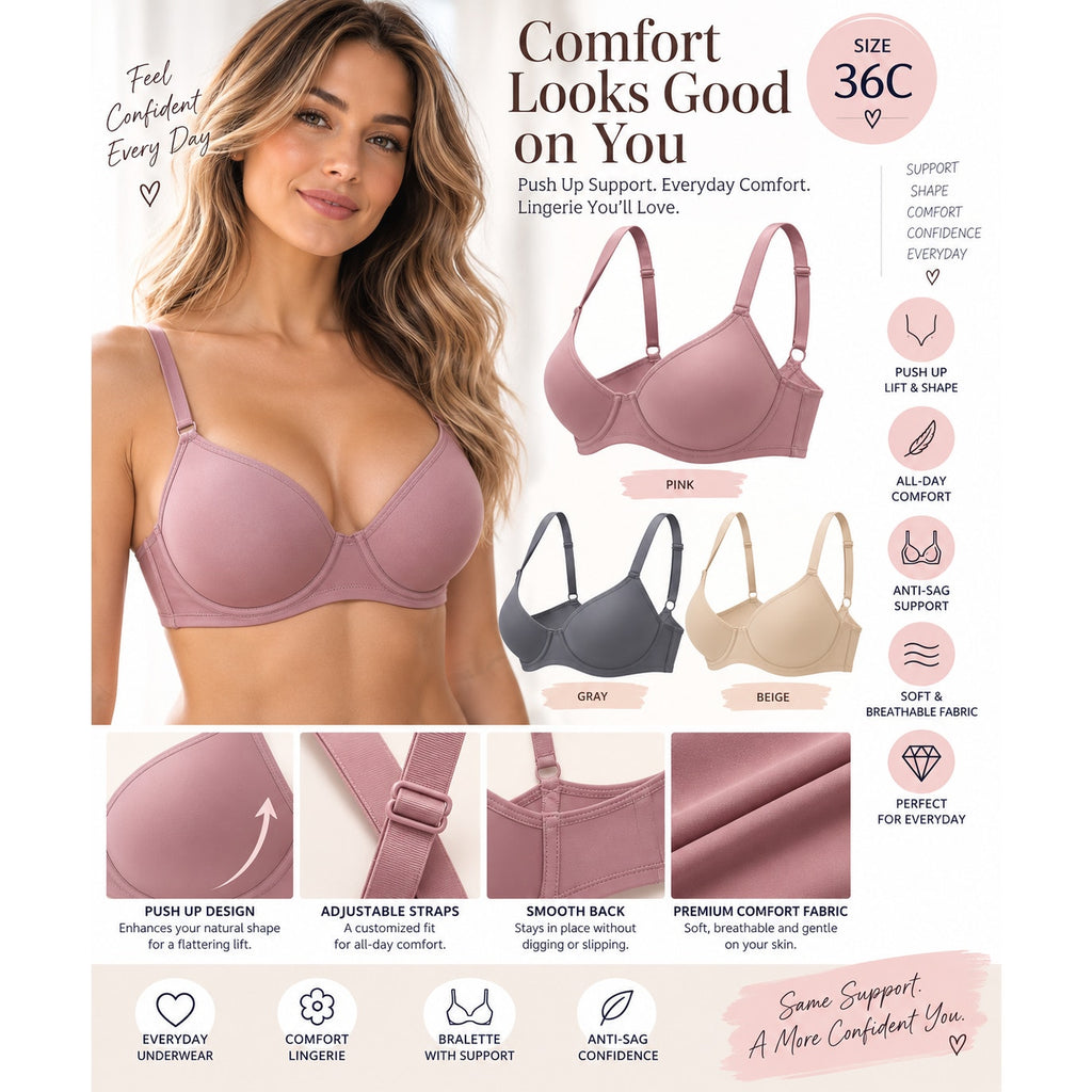 Three women's push-up bras in size 36C, everyday underwear set, featuring supportive cups and comfortable fit.