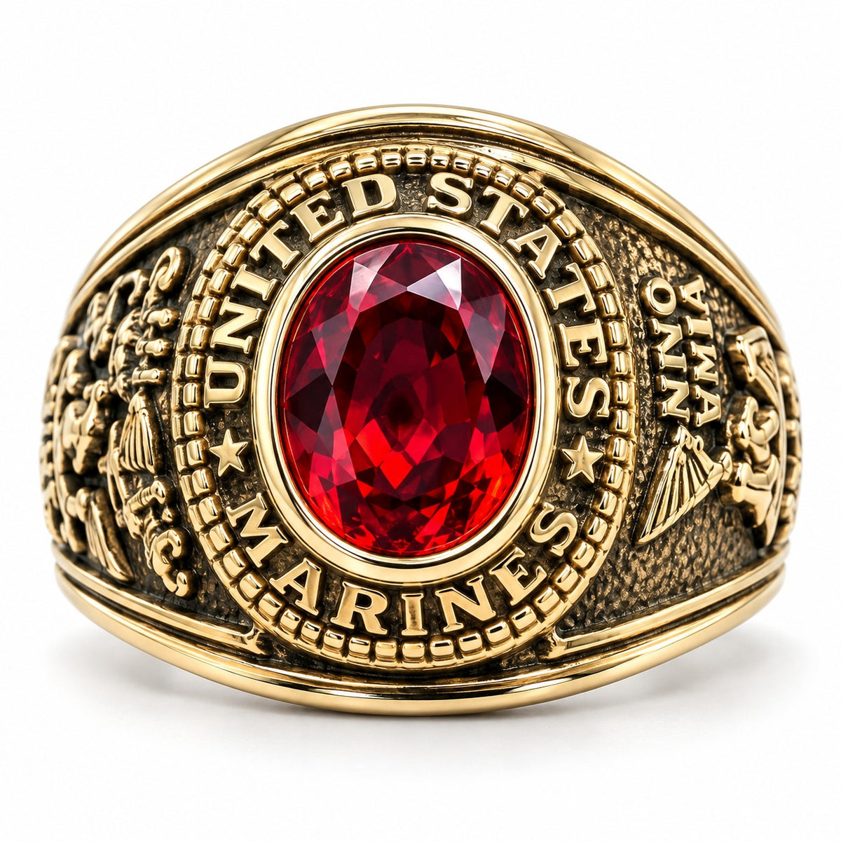 Men's US Marine Corps Signet Ring in gold with red details, size 9, by Republic Mercantile, showcasing intricate Marine emblem design.