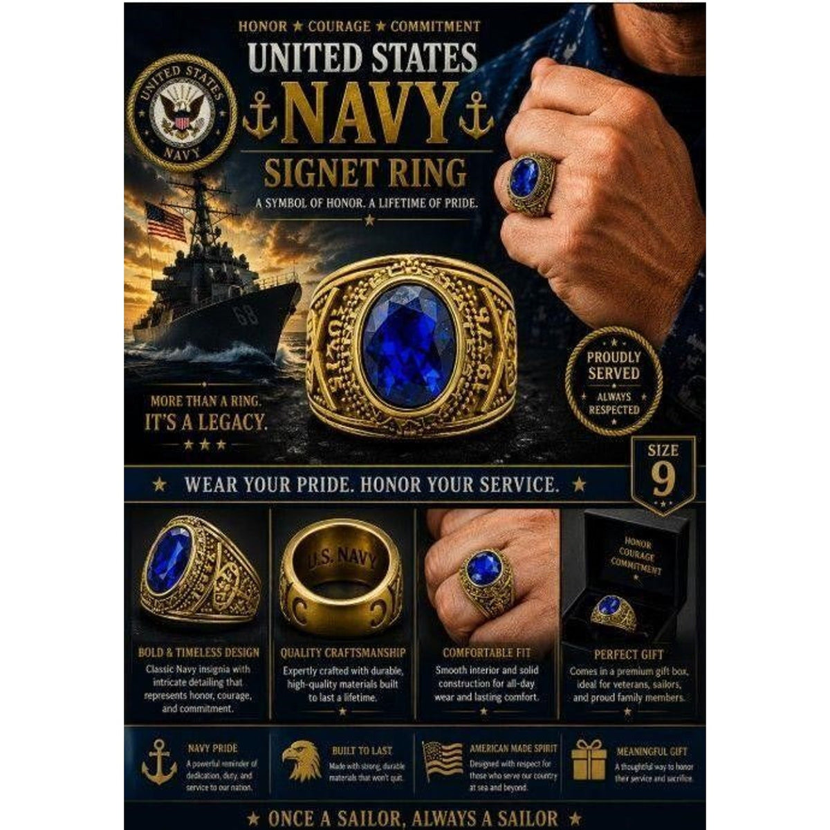 Men's US Navy Signet Ring in gold with blue accents, size 9, featuring detailed Navy insignia and Republic Mercantile branding.