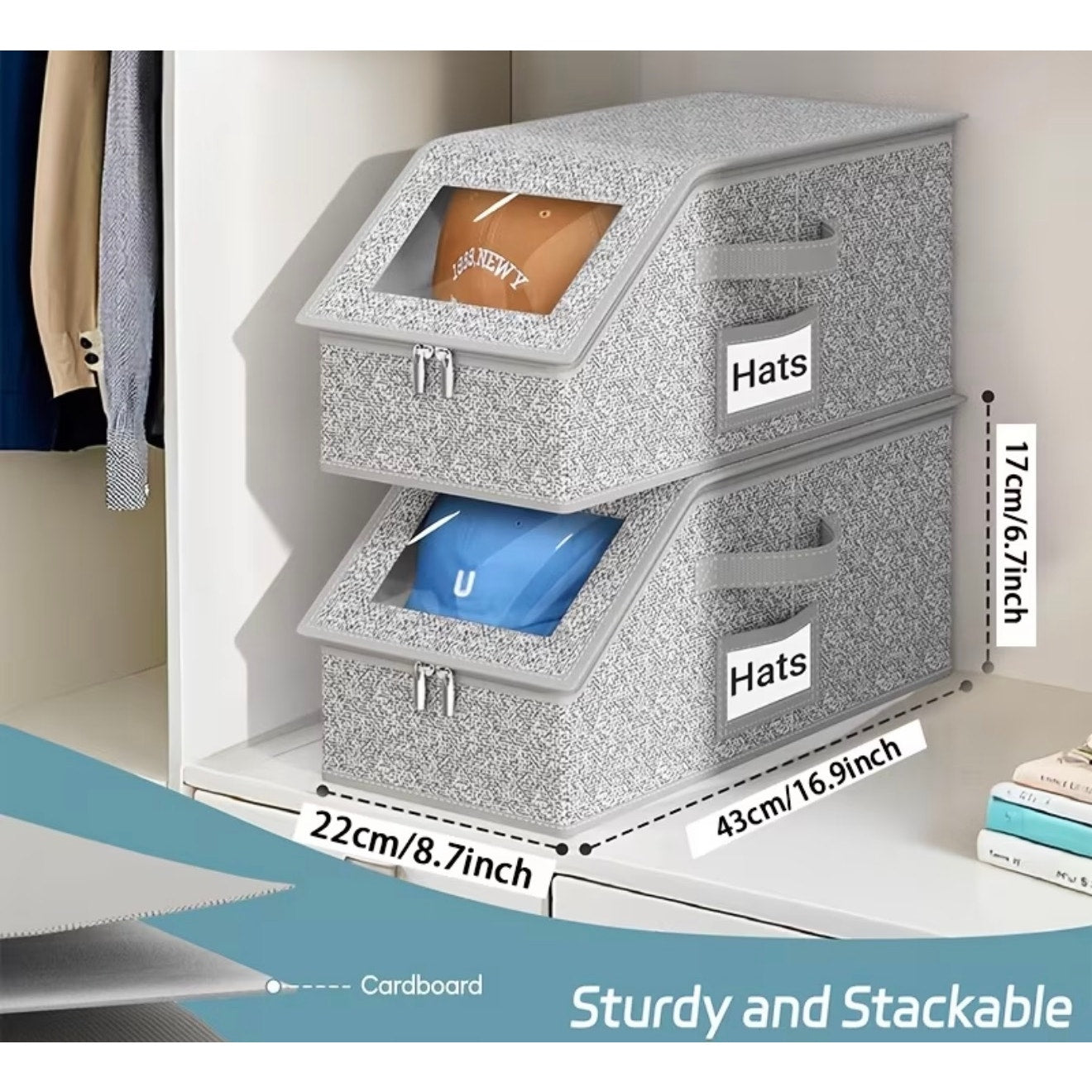 Stackable hat storage boxes by Republic Mercantile, 8x16x6 inches, showing organized hats and sturdy plastic containers.