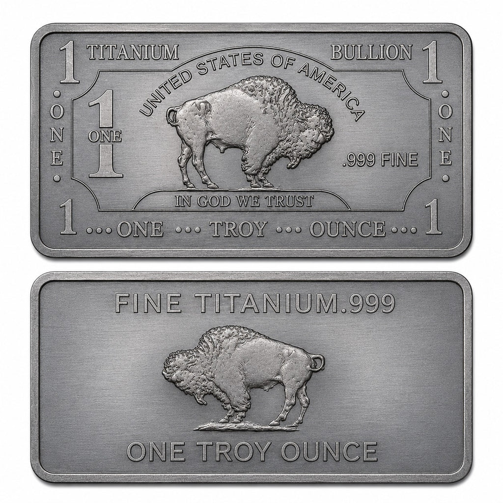 1 oz .999 fine titanium collectible bar from CMC Mint, featuring detailed engravings and a sleek metallic finish.