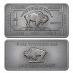 1 oz .999 fine titanium collectible bar from CMC Mint, featuring detailed engravings and a sleek metallic finish.