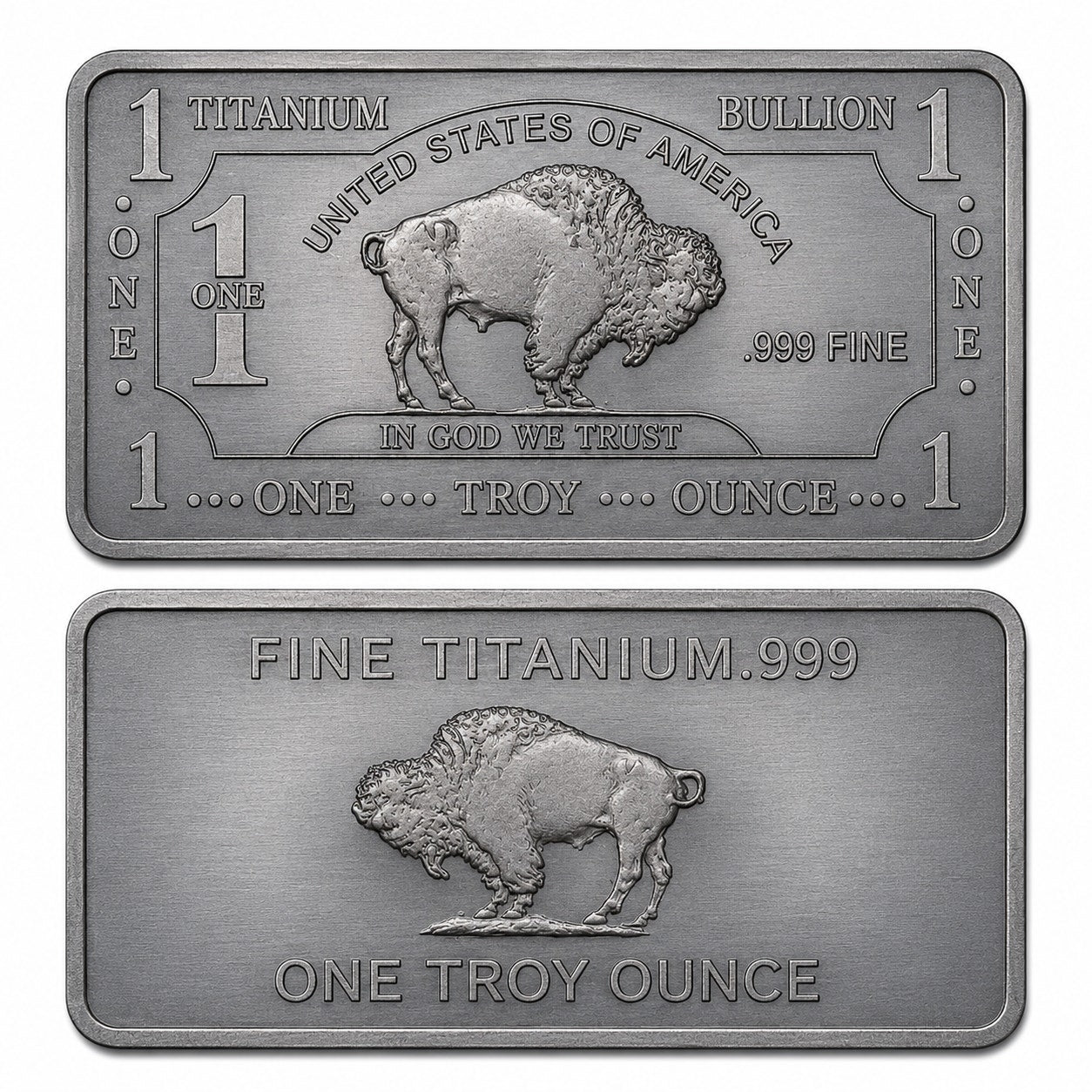 1 oz .999 fine titanium collectible bar from CMC Mint, featuring detailed engravings and a sleek metallic finish.