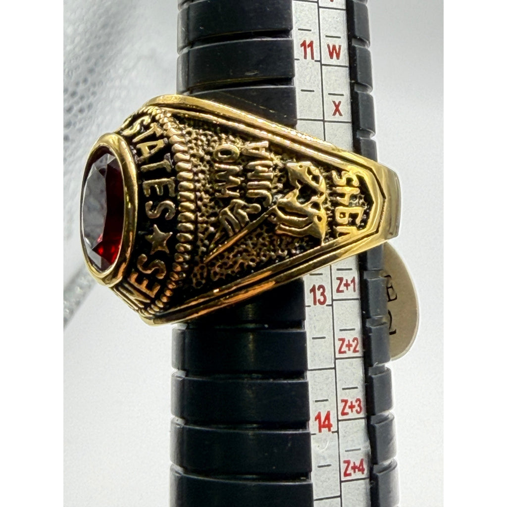 Men's US Marine Corps Signet Ring in gold with red accents, size 12, by Republic Mercantile, showing detailed Marine insignia.