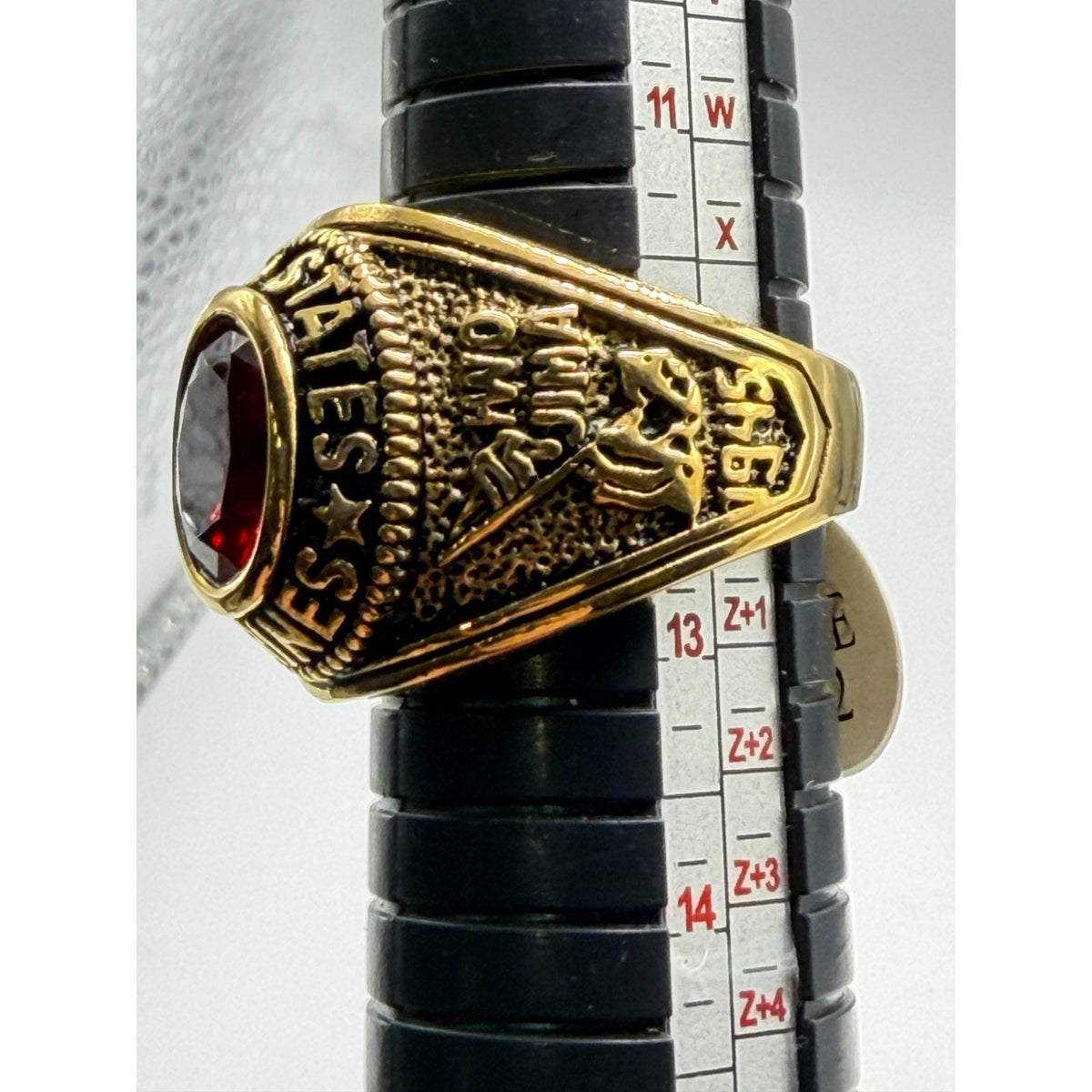 Men's US Marine Corps Signet Ring in gold with red accents, size 12, by Republic Mercantile, showing detailed Marine insignia.