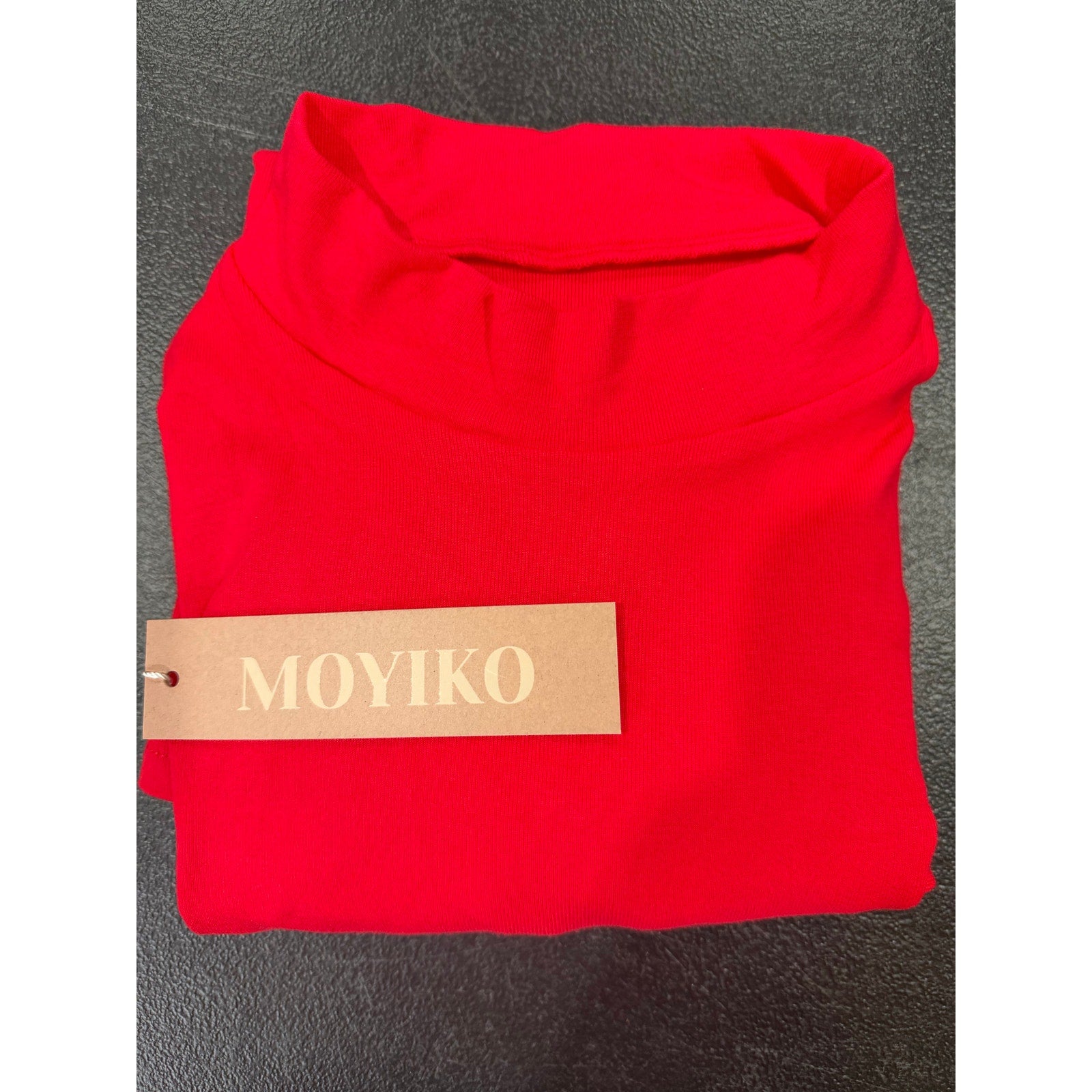 MOYIKO women's black fitted mock turtleneck long sleeve shirt, size XXL, close-up of the sleek, stretchy fabric.