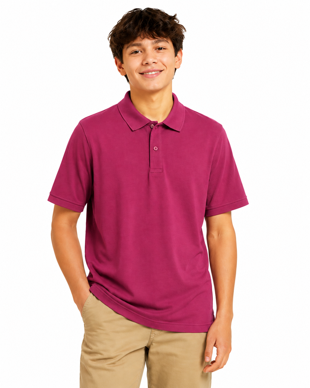 Boy wearing Wonder Nation boys performance polo shirt in burgundy, size XXL, showing a comfortable fit and classic polo style.
