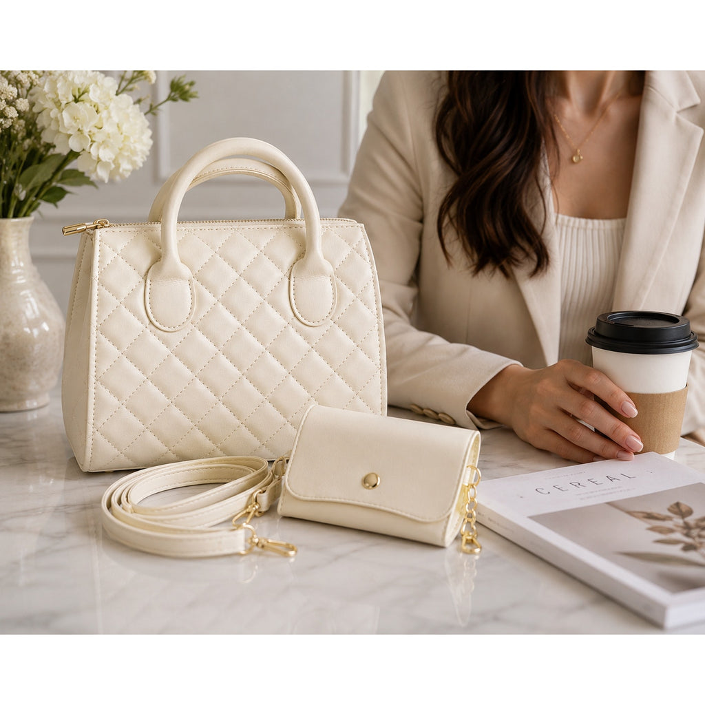 Cream ladies handbag carry purse by Republic Mercantile, 8x6x3 inches, showing the stylish exterior and top handle design.