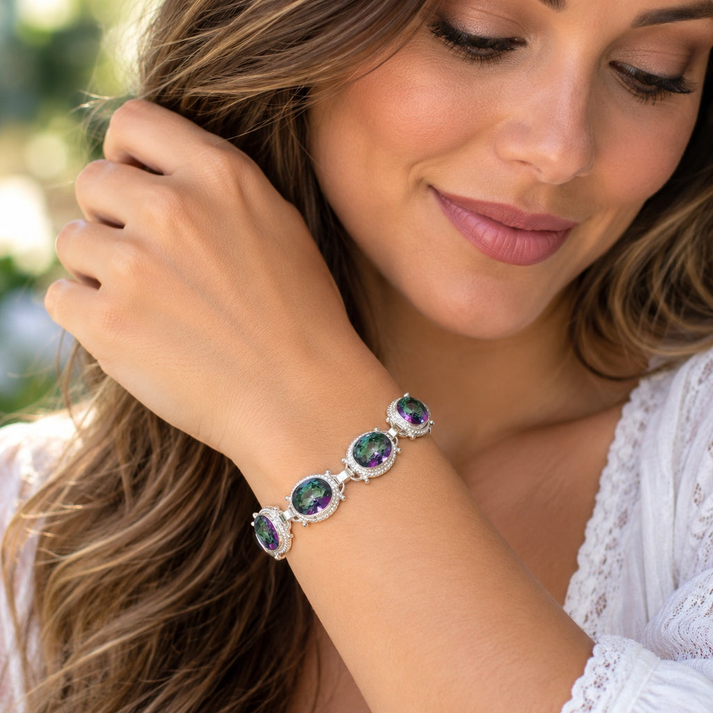 Mystic Topaz Oval Gemstone Handmade 925 Sterling Silver Plated Jewelry Bracelet