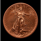 Close-up of Republic Mercantile 1 AVDP oz .999 fine copper collectible coin featuring the St. Gaudens design and detailed engravings.