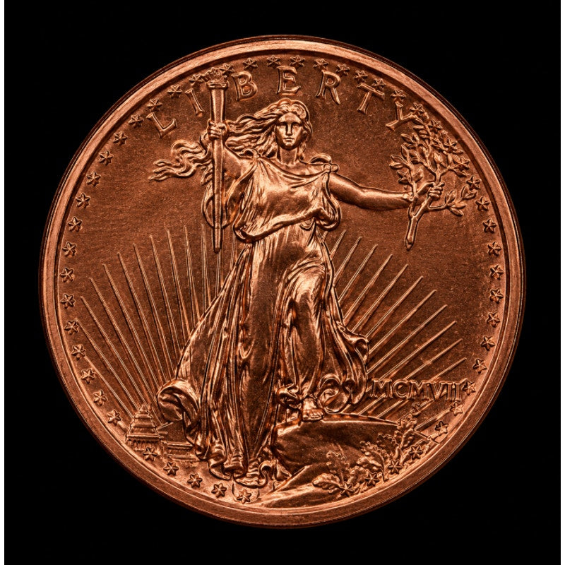 Close-up of Republic Mercantile 1 AVDP oz .999 fine copper collectible coin featuring the St. Gaudens design and detailed engravings.