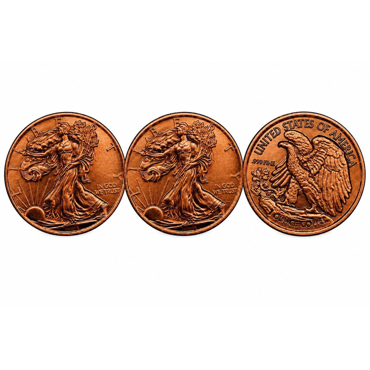 Three 1 oz .999 copper bullion ingots featuring Walking Liberty design, displayed in a lot from Republic Mercantile.