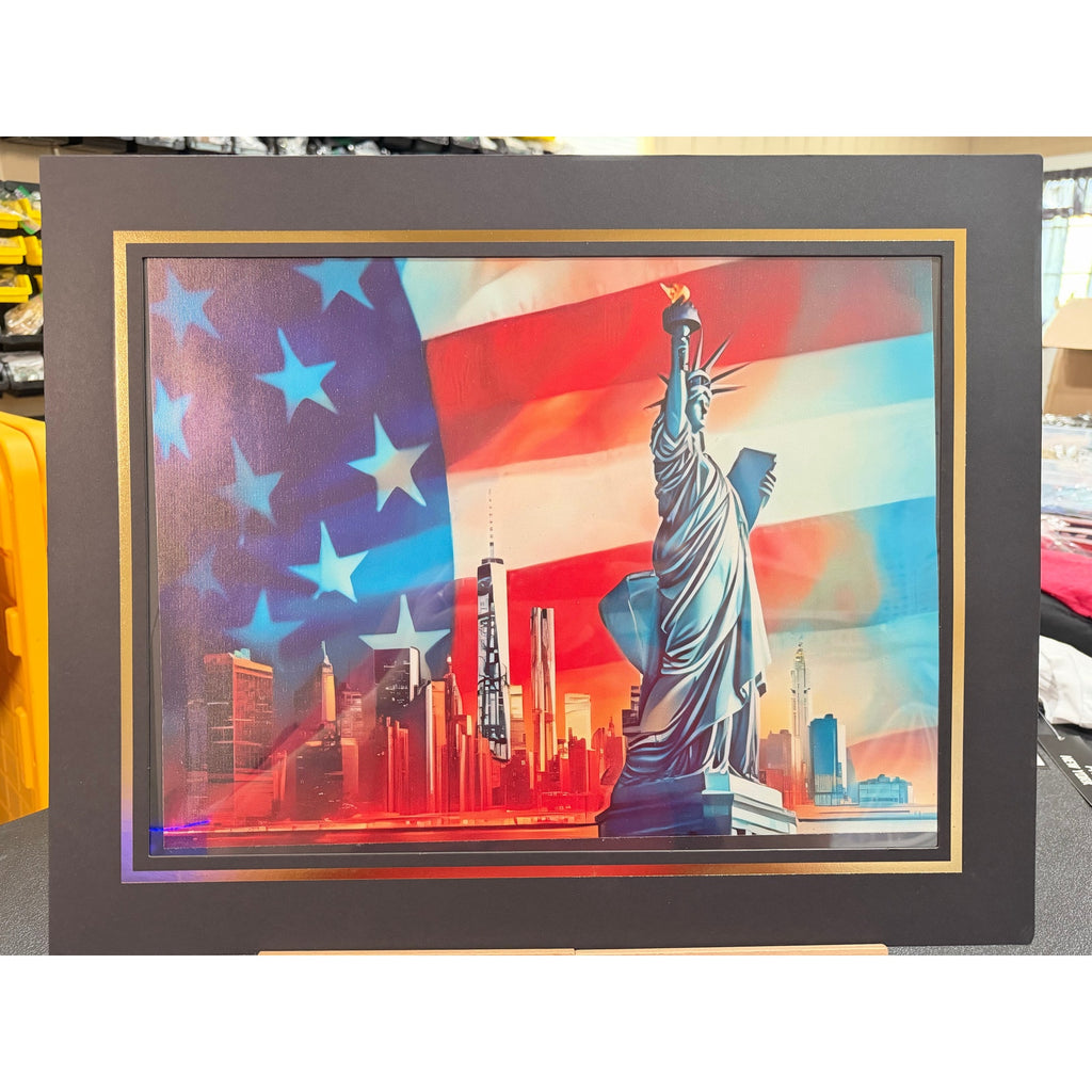 12x16 inch USA art print on canvas with 16x20 mat in a Republic Mercantile portfolio, featuring patriotic design and textured surface.