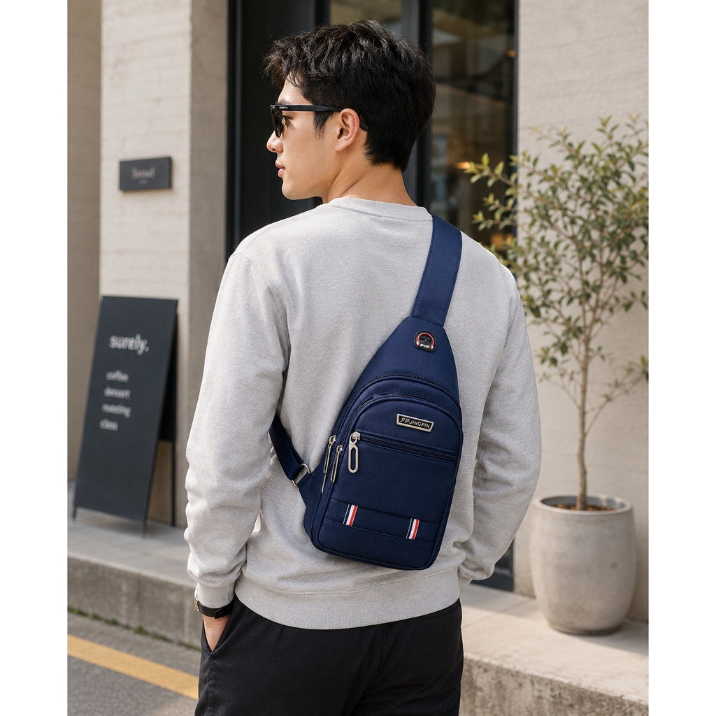 Blue Jingpin Daily Single Strap Crossbody Backpack for men and women, showing the compact, stylish unisex design.