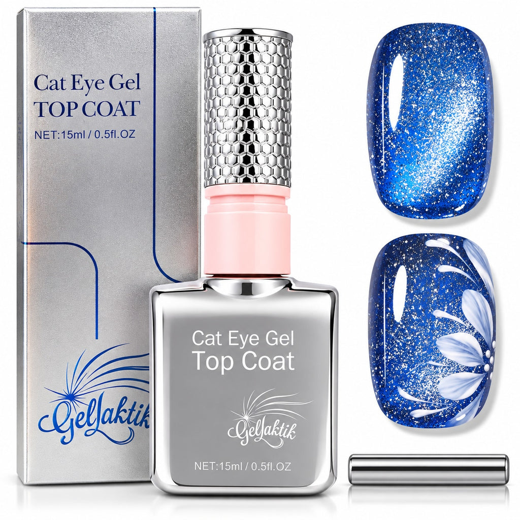 Gellaktik Cat Eye Gel Topcoat in Blue, showcasing a shiny, smooth finish on a nail polish application with a cat eye effect.