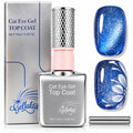 Gellaktik Cat Eye Gel Topcoat in Blue, showcasing a shiny, smooth finish on a nail polish application with a cat eye effect.