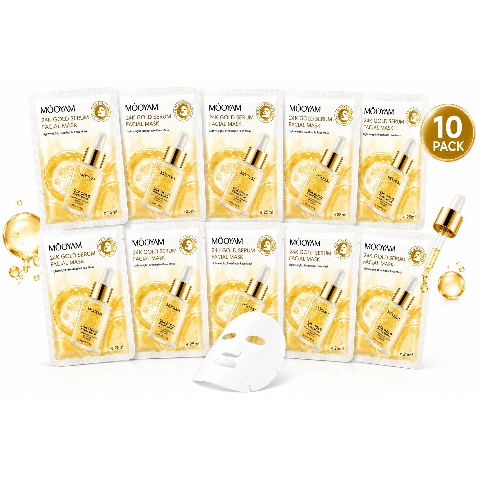 Mooyam 24k Gold Serum Facial Mask - 10 Pack