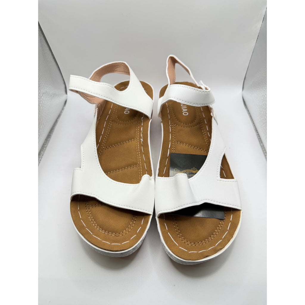 White women's cushioned strap sandals by Xuemjiao, size 6.5 (Euro 37), featuring comfortable footbed and stylish design.