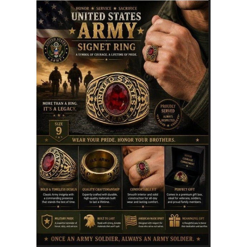 Men's US Army signet ring in red with size 9 from Republic Mercantile, featuring detailed army insignia on the gold-tone band.